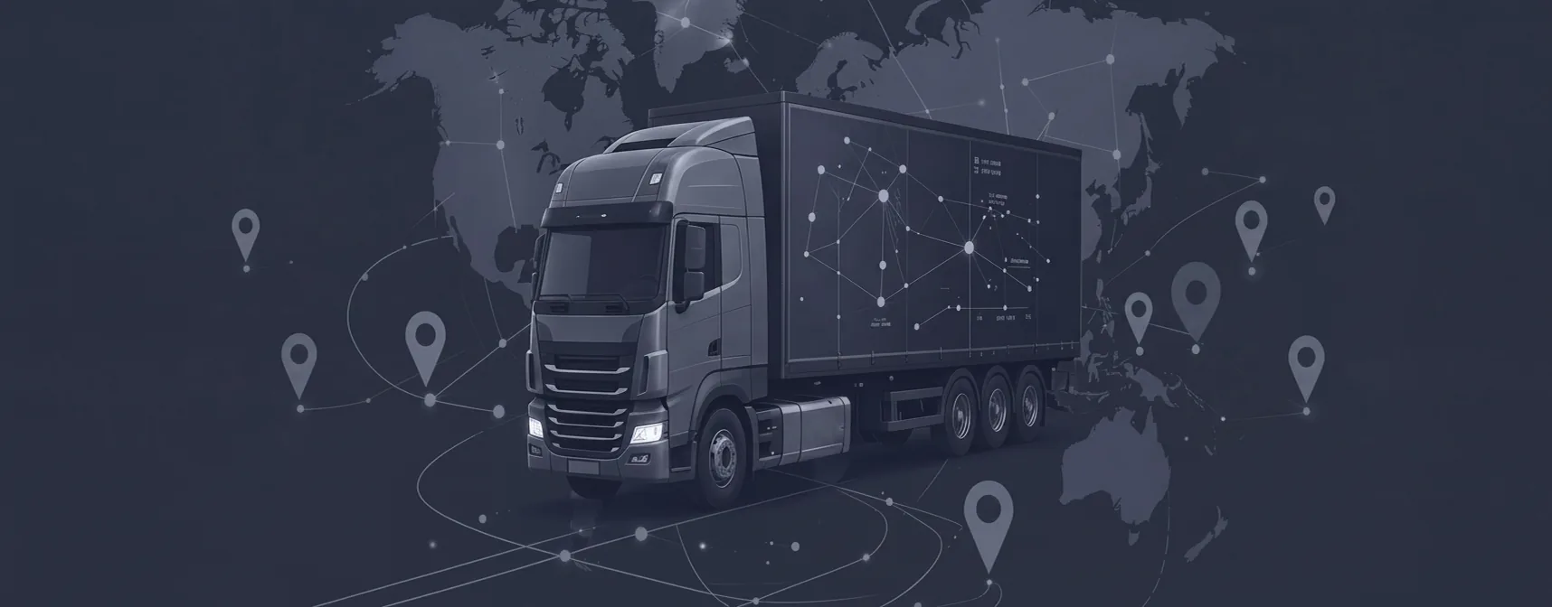 Logistics diagram: a freight truck and globe with transit arcs