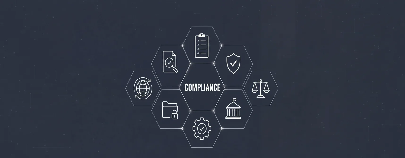 Regulatory diagram: documents, a magnifying glass and compliance marks